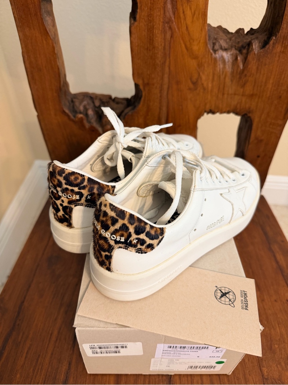 Golden Goose Purestar White Leather Sneakers with Leopard Heel Accent